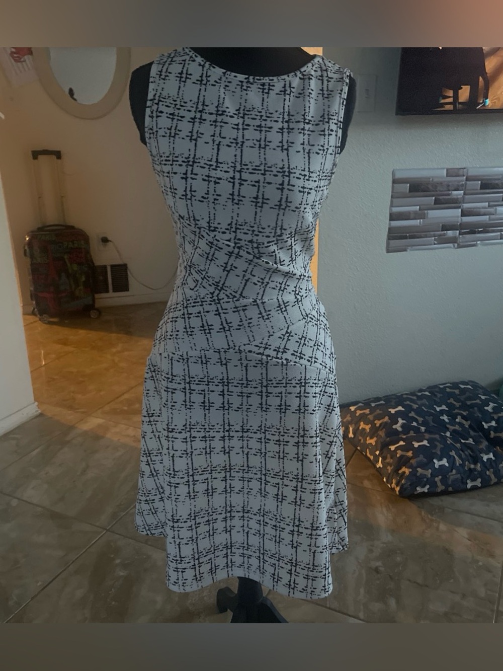 Sleeveless White and Black Patterned A-Line Dress